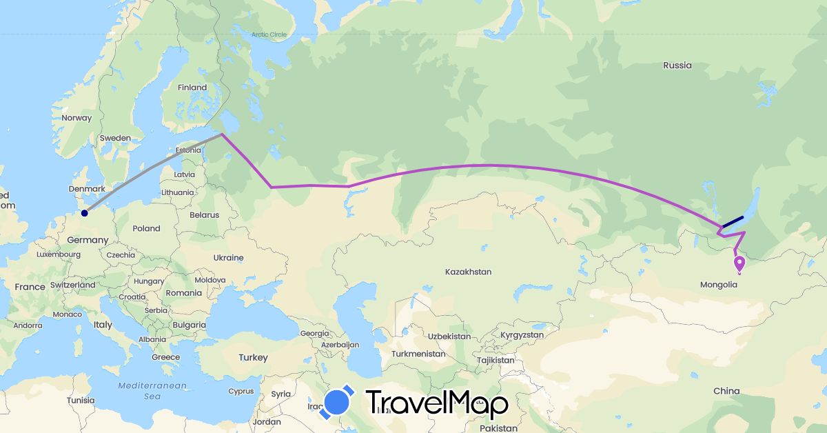 TravelMap itinerary: driving, plane, train in Germany, Mongolia, Russia (Asia, Europe)